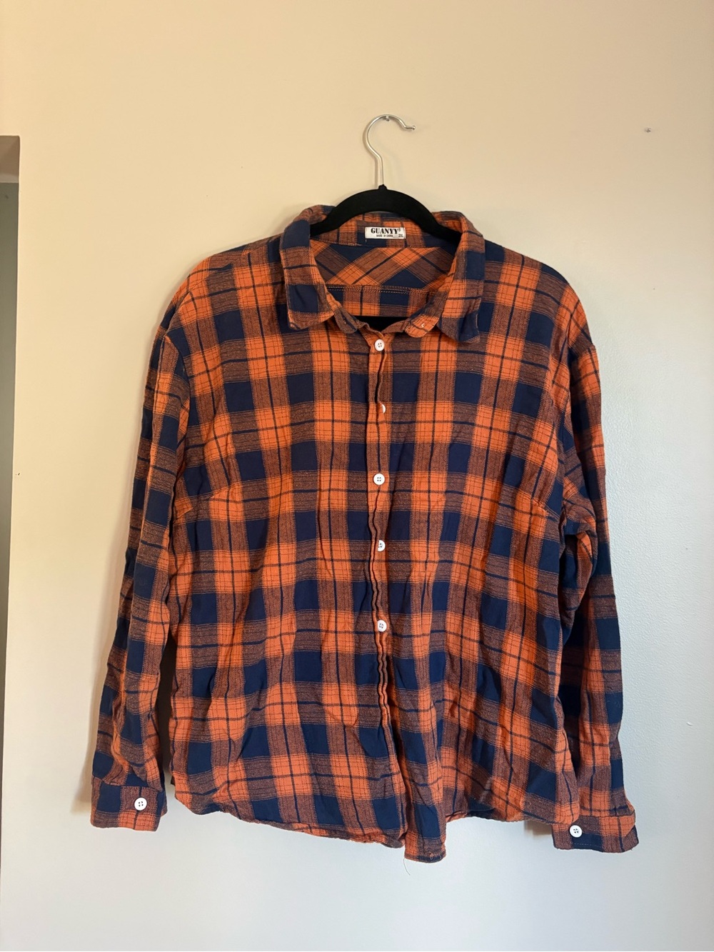 Orange and Navy Plaid Long-Sleeve Button-Down Shirt